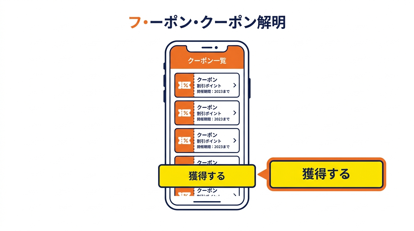 クーポン一覧から獲得する手順のイメージ図