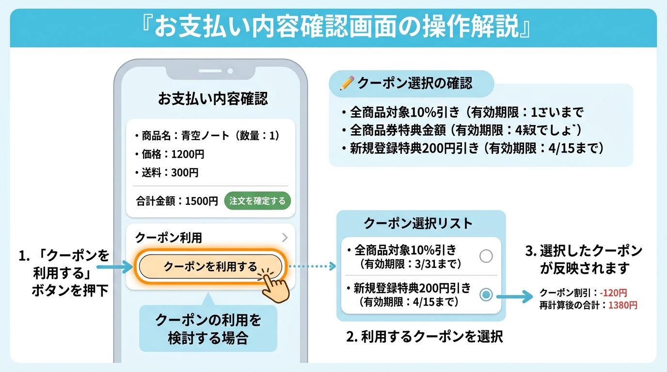 お支払い内容確認画面でクーポン利用を選ぶイメージ図